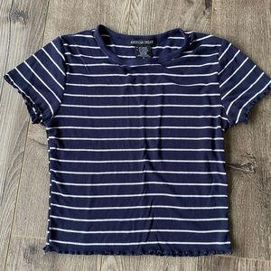 3/$15 American Dream blue & white striped cropped baby T-shirt, scalloped